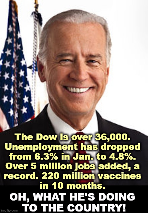 Trump wrecks. Biden rebuilds. Five million new jobs so far. | The Dow is over 36,000. 
Unemployment has dropped 
from 6.3% in Jan. to 4.8%. 
Over 5 million jobs added, a 
record. 220 million vaccines 
in 10 months. OH, WHAT HE'S DOING 
TO THE COUNTRY! | image tagged in memes,joe biden,building,america,better | made w/ Imgflip meme maker