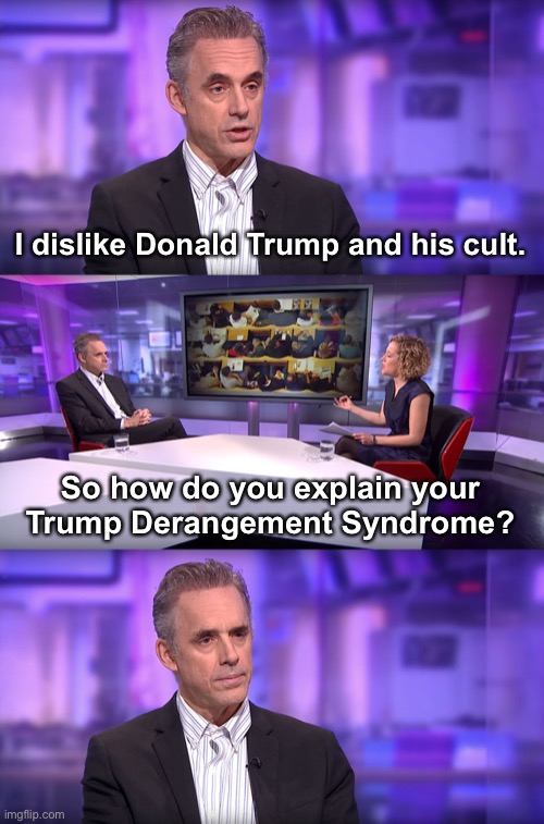 Just not worth much thought, tbh | I dislike Donald Trump and his cult. So how do you explain your Trump Derangement Syndrome? | image tagged in jordan peterson vs feminist interviewer | made w/ Imgflip meme maker