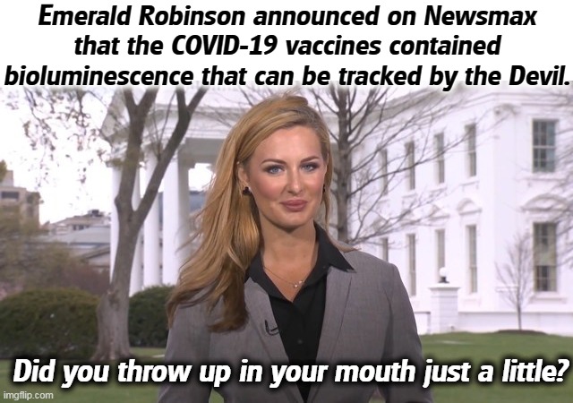 Gotta love those right wing wackadoodles. Come to think of it, you don't gotta. | Emerald Robinson announced on Newsmax that the COVID-19 vaccines contained bioluminescence that can be tracked by the Devil. Did you throw up in your mouth just a little? | image tagged in right wing,media,toilet,anti vax,nuts | made w/ Imgflip meme maker