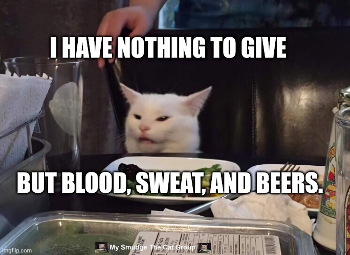 I HAVE NOTHING TO GIVE; BUT BLOOD, SWEAT, AND BEERS. | image tagged in smudge the cat | made w/ Imgflip meme maker