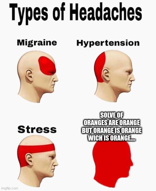 Headaches | SOLVE OF ORANGES ARE ORANGE BUT ORANGE IS ORANGE WICH IS ORANGE.... | image tagged in headaches | made w/ Imgflip meme maker