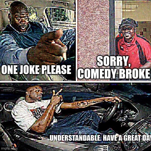 Understandable, have a great day | SORRY, COMEDY BROKE; ONE JOKE PLEASE | image tagged in understandable have a great day | made w/ Imgflip meme maker
