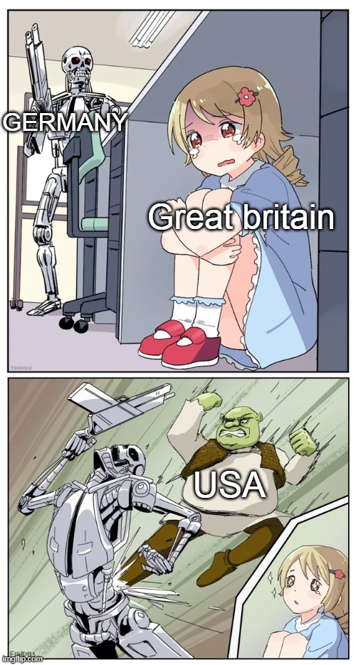 shrek killing terminator | GERMANY; Great britain; USA | image tagged in shrek killing terminator | made w/ Imgflip meme maker