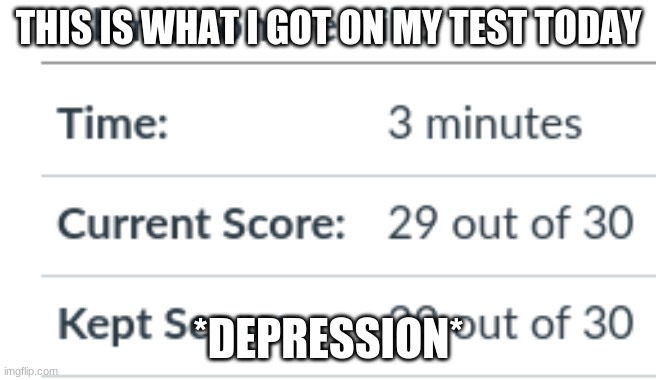 This actually happened today lol | THIS IS WHAT I GOT ON MY TEST TODAY; *DEPRESSION* | image tagged in relatable | made w/ Imgflip meme maker