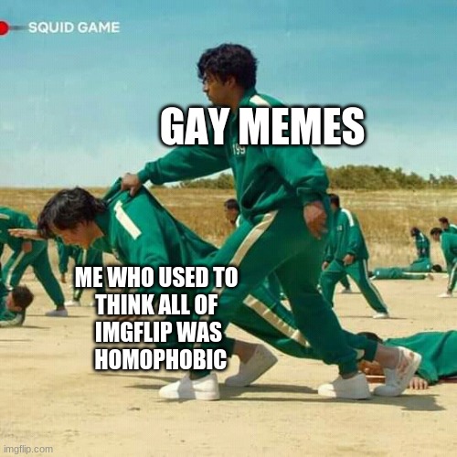 Squid Game | GAY MEMES; ME WHO USED TO 
THINK ALL OF 
IMGFLIP WAS
 HOMOPHOBIC | image tagged in squid game | made w/ Imgflip meme maker