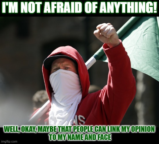 If people are not afraid to express their opinion, why do they do so anonymously? |  I'M NOT AFRAID OF ANYTHING! WELL, OKAY, MAYBE THAT PEOPLE CAN LINK MY OPINION 
TO MY NAME AND FACE | image tagged in opinion,freedom of speech,anonymous | made w/ Imgflip meme maker