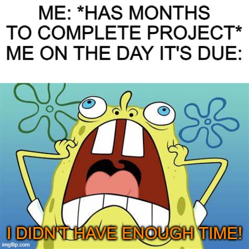 I think we all did this in school. | ME: *HAS MONTHS TO COMPLETE PROJECT*
ME ON THE DAY IT'S DUE:; I DIDN'T HAVE ENOUGH TIME! | image tagged in spongebob screaming,memes,funny,relatable | made w/ Imgflip meme maker