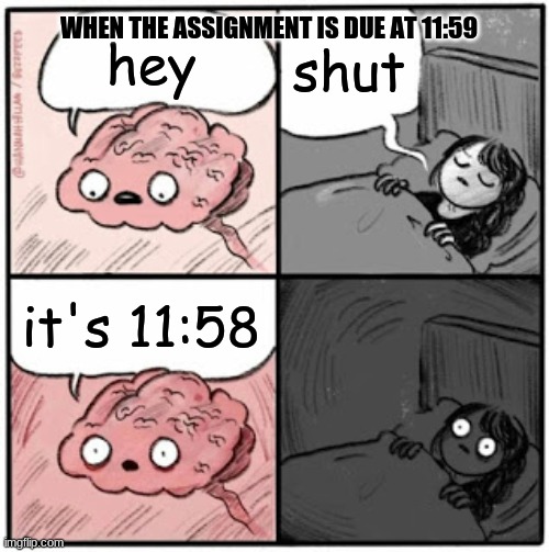 Brain Before Sleep | shut; WHEN THE ASSIGNMENT IS DUE AT 11:59; hey; it's 11:58 | image tagged in brain before sleep | made w/ Imgflip meme maker