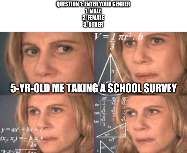 Has anyone gotten this question? | QUESTION 1: ENTER YOUR GENDER
1. MALE
2. FEMALE
3. OTHER; 5-YR-OLD ME TAKING A SCHOOL SURVEY | image tagged in math lady/confused lady | made w/ Imgflip meme maker