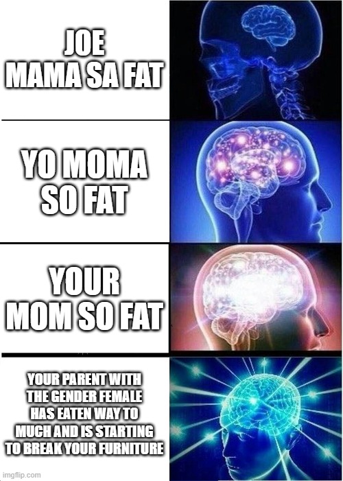 Yo mama | JOE MAMA SA FAT; YO MOMA SO FAT; YOUR MOM SO FAT; YOUR PARENT WITH THE GENDER FEMALE HAS EATEN WAY TO MUCH AND IS STARTING TO BREAK YOUR FURNITURE | image tagged in memes,expanding brain | made w/ Imgflip meme maker