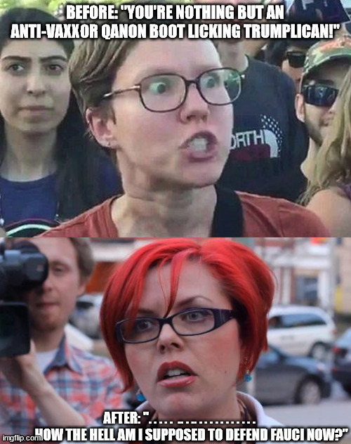 BEFORE: "YOU'RE NOTHING BUT AN ANTI-VAXXOR QANON BOOT LICKING TRUMPLICAN!" AFTER: ". . . . .  .. . .. . . . . . . . . . . . . . . . .HOW THE | image tagged in triggered liberal,angry feminist | made w/ Imgflip meme maker