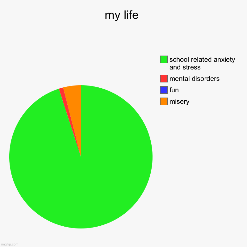 my life | misery, fun, mental disorders, school related anxiety and stress | image tagged in charts,pie charts,life,school | made w/ Imgflip chart maker