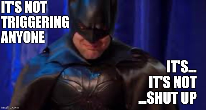 Crying Batman | IT'S NOT
TRIGGERING
ANYONE IT'S...
IT'S NOT
...SHUT UP | image tagged in crying batman | made w/ Imgflip meme maker