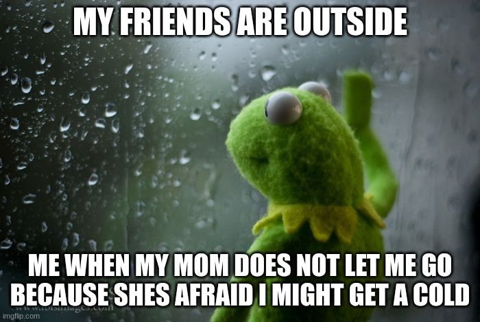kermit window | MY FRIENDS ARE OUTSIDE; ME WHEN MY MOM DOES NOT LET ME GO BECAUSE SHES AFRAID I MIGHT GET A COLD | image tagged in kermit window | made w/ Imgflip meme maker