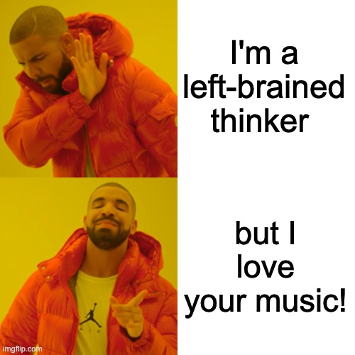 Left & Right Brained Thinkers | I'm a left-brained thinker; but I love your music! | image tagged in memes,drake hotline bling | made w/ Imgflip meme maker