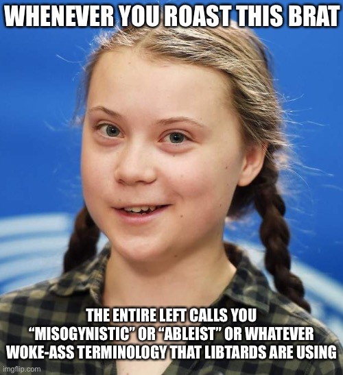 She sounds like a robot |  WHENEVER YOU ROAST THIS BRAT; THE ENTIRE LEFT CALLS YOU “MISOGYNISTIC” OR “ABLEIST” OR WHATEVER WOKE-ASS TERMINOLOGY THAT LIBTARDS ARE USING | image tagged in greta thunberg,libtards,politics,oh wow are you actually reading these tags | made w/ Imgflip meme maker