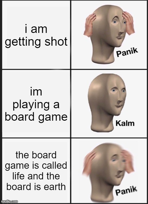 shootem up | i am getting shot; im playing a board game; the board game is called life and the board is earth | image tagged in memes,panik kalm panik | made w/ Imgflip meme maker