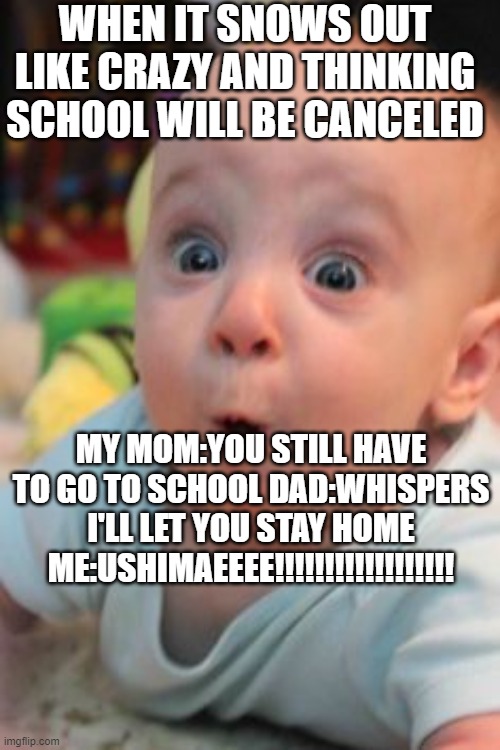 Great title | WHEN IT SNOWS OUT LIKE CRAZY AND THINKING SCHOOL WILL BE CANCELED; MY MOM:YOU STILL HAVE TO GO TO SCHOOL DAD:WHISPERS I'LL LET YOU STAY HOME ME:USHIMAEEEE!!!!!!!!!!!!!!!!!! | image tagged in surprised face,fun | made w/ Imgflip meme maker