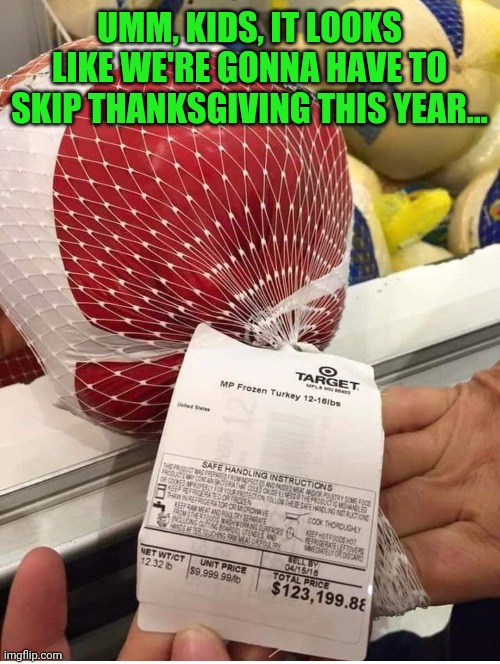 High Dollar Gobbler | UMM, KIDS, IT LOOKS LIKE WE'RE GONNA HAVE TO SKIP THANKSGIVING THIS YEAR... | image tagged in thanksgiving,turkey,prices,too damn high,expensive,turkey day | made w/ Imgflip meme maker