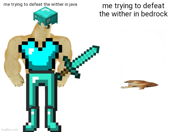minecraft be like | me trying to defeat the wither in java; me trying to defeat the wither in bedrock | image tagged in memes,buff doge vs cheems | made w/ Imgflip meme maker