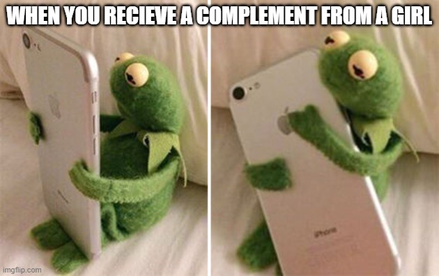 Kermit Hugging Phone | WHEN YOU RECIEVE A COMPLEMENT FROM A GIRL | image tagged in kermit hugging phone | made w/ Imgflip meme maker
