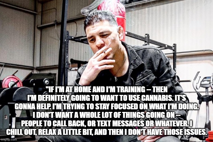 nick diaz | "IF I'M AT HOME AND I'M TRAINING -- THEN I'M DEFINITELY GOING TO WANT TO USE CANNABIS. IT'S GONNA HELP. I'M TRYING TO STAY FOCUSED ON WHAT I'M DOING. I DON'T WANT A WHOLE LOT OF THINGS GOING ON -- PEOPLE TO CALL BACK, OR TEXT MESSAGES OR WHATEVER. I CHILL OUT, RELAX A LITTLE BIT, AND THEN I DON'T HAVE THOSE ISSUES. | image tagged in ufc,weed | made w/ Imgflip meme maker