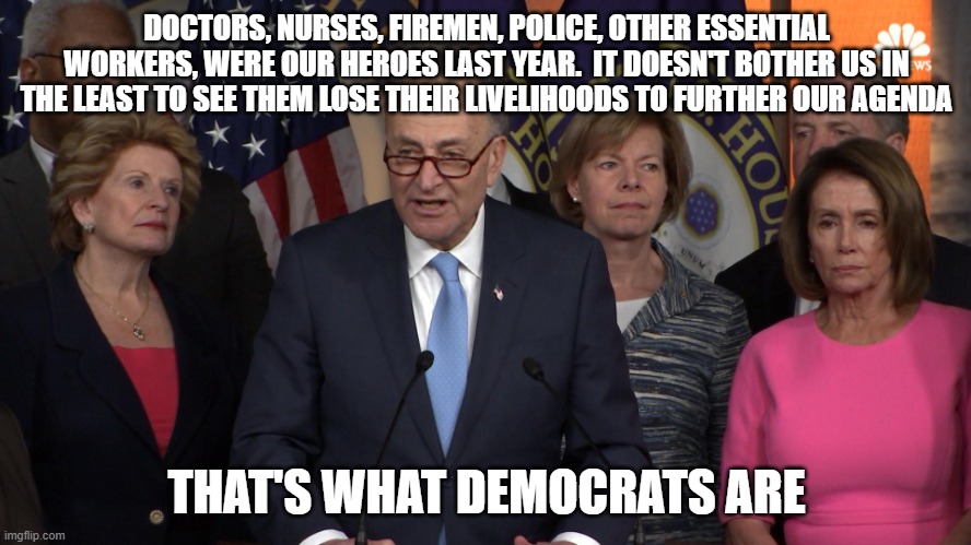 Democrat congressmen | DOCTORS, NURSES, FIREMEN, POLICE, OTHER ESSENTIAL WORKERS, WERE OUR HEROES LAST YEAR.  IT DOESN'T BOTHER US IN THE LEAST TO SEE THEM LOSE THEIR LIVELIHOODS TO FURTHER OUR AGENDA; THAT'S WHAT DEMOCRATS ARE | image tagged in democrat congressmen | made w/ Imgflip meme maker