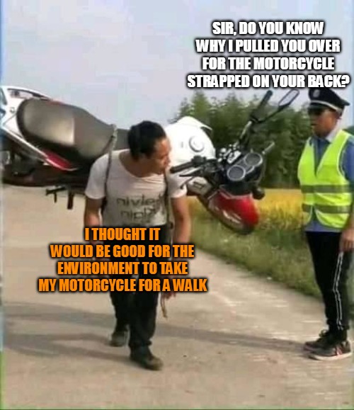 SIR, DO YOU KNOW WHY I PULLED YOU OVER FOR THE MOTORCYCLE STRAPPED ON YOUR BACK? I THOUGHT IT WOULD BE GOOD FOR THE ENVIRONMENT TO TAKE MY MOTORCYCLE FOR A WALK | image tagged in meme,memes,humor | made w/ Imgflip meme maker