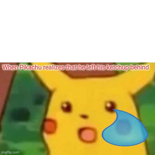 Surprised Pikachu | When Pikachu realizes that he left his ketchup behind | image tagged in memes,surprised pikachu | made w/ Imgflip meme maker