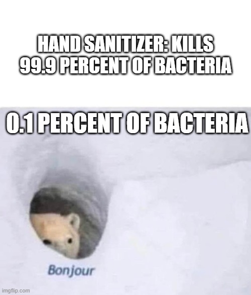 lol | HAND SANITIZER: KILLS 99.9 PERCENT OF BACTERIA; 0.1 PERCENT OF BACTERIA | image tagged in bonjour | made w/ Imgflip meme maker
