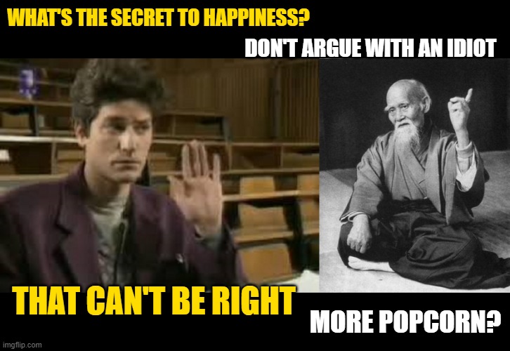 Student and Wise Master | WHAT'S THE SECRET TO HAPPINESS? DON'T ARGUE WITH AN IDIOT; . THAT CAN'T BE RIGHT; MORE POPCORN? | image tagged in student,wise master | made w/ Imgflip meme maker