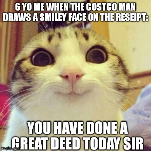 Thank you Costco employees you made little me very hap | 6 YO ME WHEN THE COSTCO MAN DRAWS A SMILEY FACE ON THE RESEIPT:; YOU HAVE DONE A GREAT DEED TODAY SIR | image tagged in memes,smiling cat | made w/ Imgflip meme maker