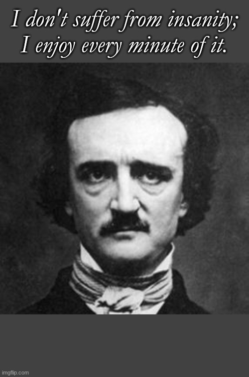 I was learning about Poe in class today and saw this quote from him (supposedly) and am dying from laughter b/c there's nothing  | I don't suffer from insanity; I enjoy every minute of it. | image tagged in poe | made w/ Imgflip meme maker