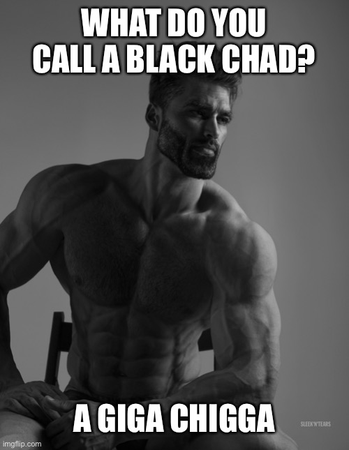 No offense.  Just a joke. | WHAT DO YOU CALL A BLACK CHAD? A GIGA CHIGGA | image tagged in giga chad | made w/ Imgflip meme maker