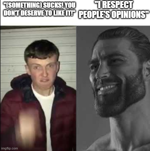 Giga chad template | ''I RESPECT PEOPLE'S OPINIONS''; ''(SOMETHING) SUCKS! YOU DON'T DESERVE TO LIKE IT!'' | image tagged in giga chad template | made w/ Imgflip meme maker