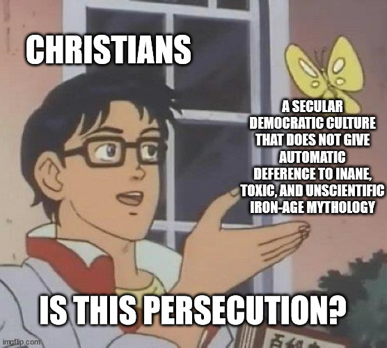 Is This Persecution | CHRISTIANS; A SECULAR DEMOCRATIC CULTURE THAT DOES NOT GIVE AUTOMATIC DEFERENCE TO INANE, TOXIC, AND UNSCIENTIFIC IRON-AGE MYTHOLOGY; IS THIS PERSECUTION? | image tagged in memes,is this a pigeon,christians,persecution | made w/ Imgflip meme maker