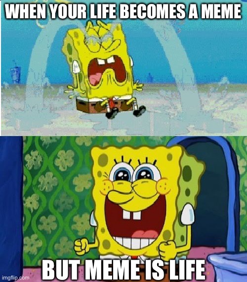 Meme is life | WHEN YOUR LIFE BECOMES A MEME; BUT MEME IS LIFE | image tagged in spongebob sad happy,meme,life,meme is life | made w/ Imgflip meme maker