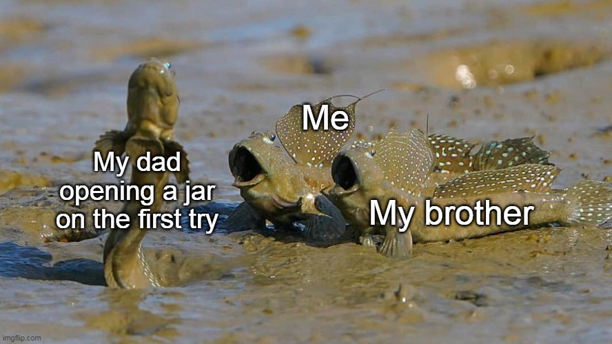 Impressed Mudskippers POG | Me; My dad opening a jar on the first try; My brother | image tagged in impressed mudskippers pog | made w/ Imgflip meme maker