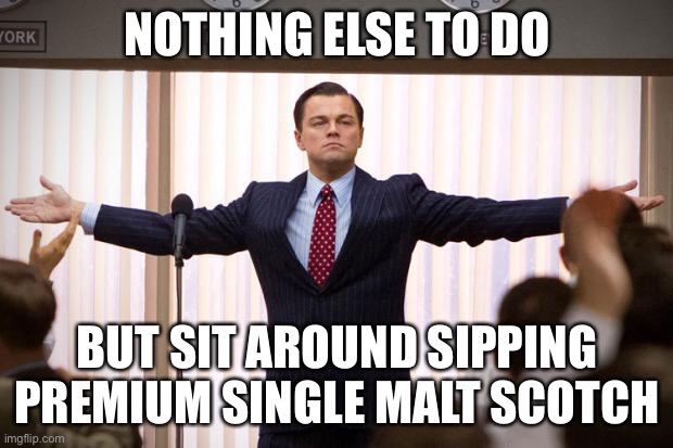 wolf of wallstreet |  NOTHING ELSE TO DO; BUT SIT AROUND SIPPING PREMIUM SINGLE MALT SCOTCH | image tagged in wolf of wallstreet,whiskey,alcohol,yay it's friday | made w/ Imgflip meme maker