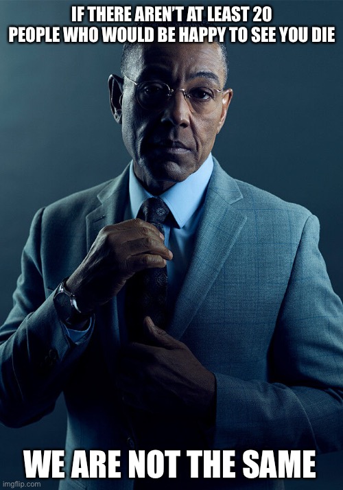 Gus Fring we are not the same | IF THERE AREN’T AT LEAST 20 PEOPLE WHO WOULD BE HAPPY TO SEE YOU DIE; WE ARE NOT THE SAME | image tagged in gus fring we are not the same,true story bro | made w/ Imgflip meme maker