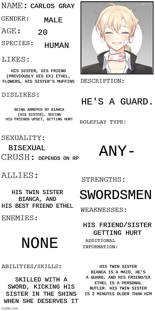 Carlos >:D | CARLOS GRAY; MALE; 20; HUMAN; HIS SISTER, HIS FRIEND (PREVIOUSLY HIS EX) ETHEL, FLOWERS, HIS SISTER'S MUFFINS; HE'S A GUARD. BEING ANNOYED BY BIANCA (HIS SISTER), SEEING HIS FRIENDS UPSET, GETTING HURT; ANY-; BISEXUAL; DEPENDS ON RP; SWORDSMEN; HIS TWIN SISTER BIANCA, AND HIS BEST FRIEND ETHEL; HIS FRIEND/SISTER GETTING HURT; NONE; HIS TWIN SISTER BIANCA IS A MAID, HE'S A GUARD, AND HIS FRIEND/EX ETHEL IS A PERSONAL BUTLER. HIS TWIN SISTER IS 2 MINUTES OLDER THAN HIM; SKILLED WITH A SWORD, KICKING HIS SISTER IN THE SHINS WHEN SHE DESERVES IT | image tagged in updated roleplay oc showcase | made w/ Imgflip meme maker