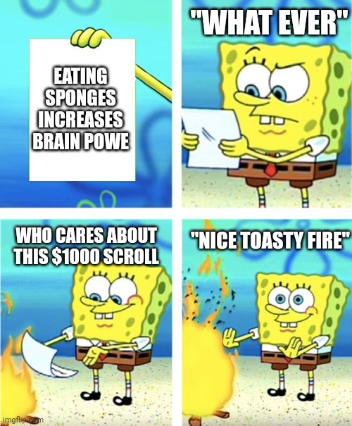 The scroll | "WHAT EVER"; EATING SPONGES INCREASES BRAIN POWE; WHO CARES ABOUT THIS $1000 SCROLL; "NICE TOASTY FIRE" | image tagged in spongebob burning paper | made w/ Imgflip meme maker