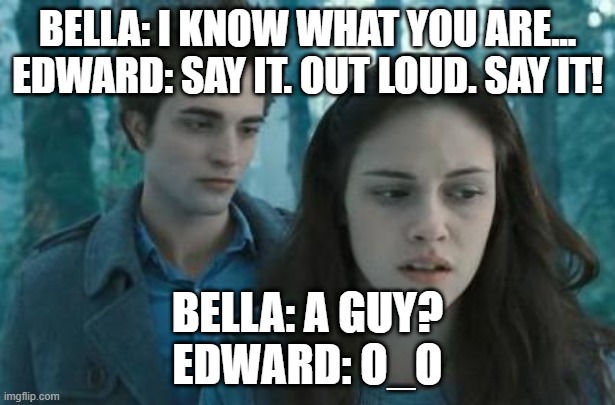 Twilight | BELLA: I KNOW WHAT YOU ARE...
EDWARD: SAY IT. OUT LOUD. SAY IT! BELLA: A GUY?
EDWARD: O_O | image tagged in twilight | made w/ Imgflip meme maker