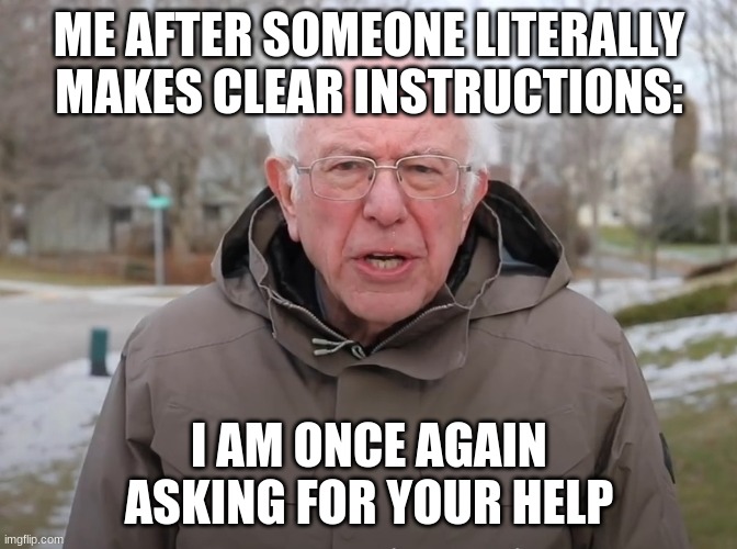 Not funny didn't laugh | ME AFTER SOMEONE LITERALLY MAKES CLEAR INSTRUCTIONS:; I AM ONCE AGAIN ASKING FOR YOUR HELP | image tagged in bernie sanders once again asking | made w/ Imgflip meme maker