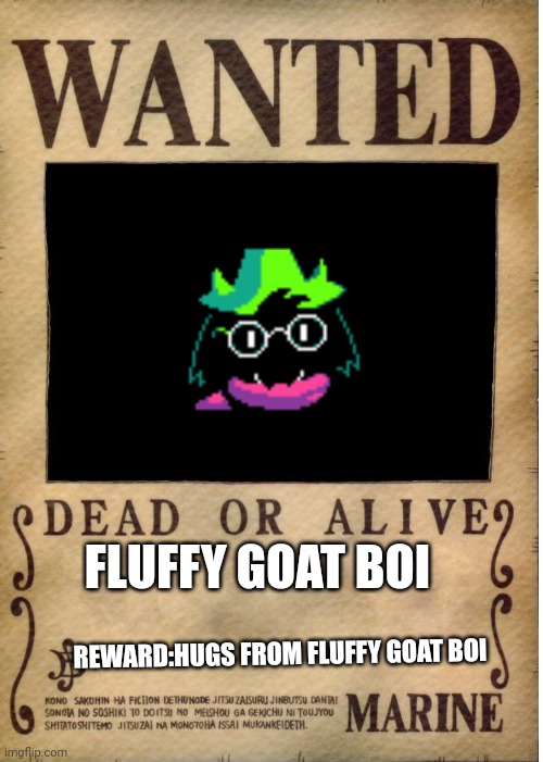 Find him pls | FLUFFY GOAT BOI; REWARD:HUGS FROM FLUFFY GOAT BOI | image tagged in one piece wanted poster template | made w/ Imgflip meme maker