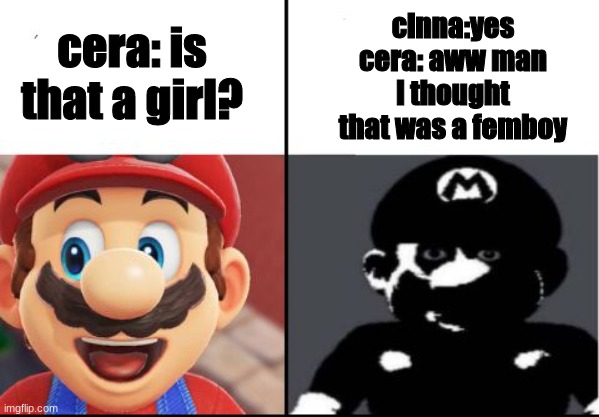 you broke the bro code | cera: is that a girl? cinna:yes
cera: aww man i thought that was a femboy | image tagged in happy mario vs dark mario | made w/ Imgflip meme maker