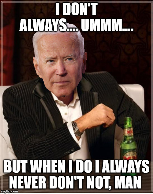 most boring man in the world | I DON'T ALWAYS.... UMMM.... BUT WHEN I DO I ALWAYS NEVER DON'T NOT, MAN | image tagged in biden,interesting,funny | made w/ Imgflip meme maker