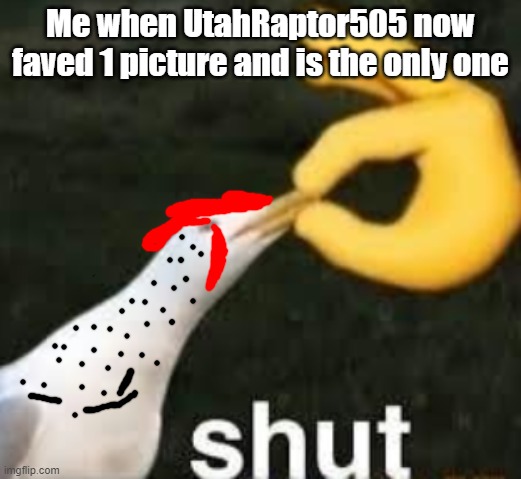 Me when UtahRaptor505 | Me when UtahRaptor505 now faved 1 picture and is the only one | image tagged in shut seagull,dinosaur,dinosaurs | made w/ Imgflip meme maker