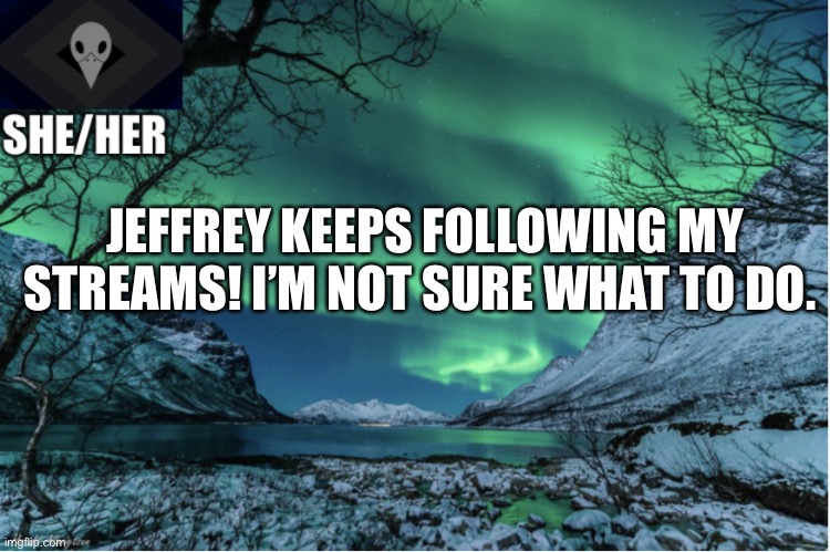 Pls help | JEFFREY KEEPS FOLLOWING MY STREAMS! I’M NOT SURE WHAT TO DO. | image tagged in northern lights termcollector template | made w/ Imgflip meme maker