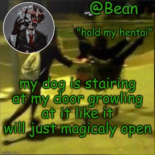 beans weird temp | my dog is staring at my door growling at it like it will just magically open | image tagged in beans weird temp | made w/ Imgflip meme maker